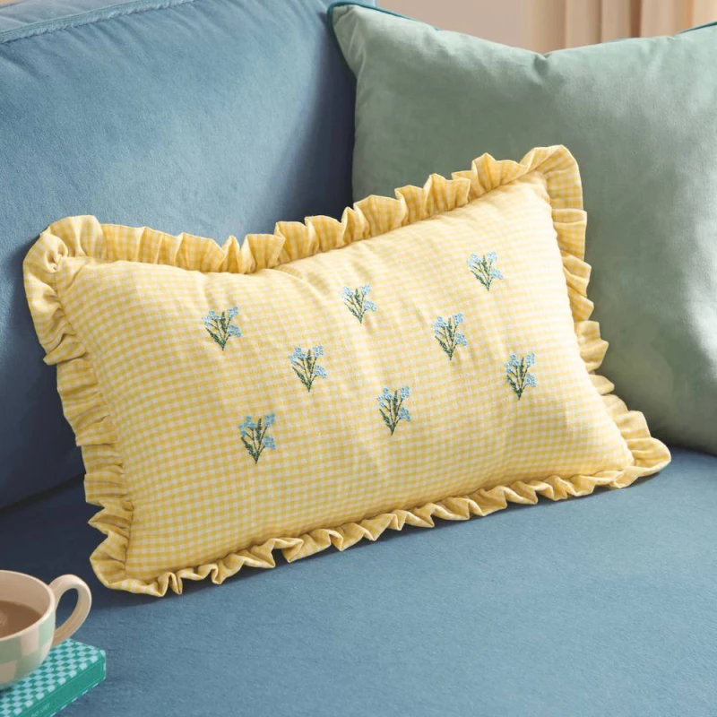 Image of Furn Les Petite Fleurs 100% Cotton Gingham Ruffle Cushion in Yellow Size: 30cm x 50cm Yellow Unisex 30cm x 50 cm