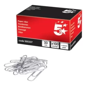 Image of 5 Star Office Paperclips Metal Large Length 33mm Plain [Pack 100]