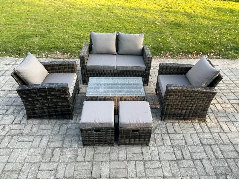 Image of Fimous 6 Seater Outdoor Lounge Sofa Set Wicker PE Rattan Garden Furniture Set with Rectangular Coffee Table Double Seat Sofa in Dark Grey Dark Grey Un