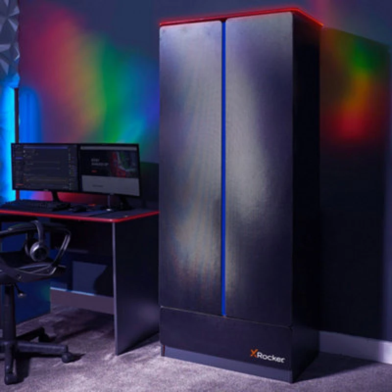 Image of XRocker X Rocker Carbon-Tek 2 Door Wardrobe With Drawer and LED Lights Grey Blue 2023312