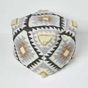 Image of Homescapes - Agra Gold and Black Kilim Footstool Handwoven Beanbag Pouffe 43 x 43cm - Gold & Black