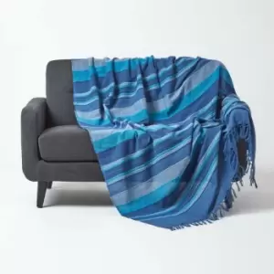 Image of Cotton Morocco Striped Blue Throw, 225 x 255cm - Blue - Homescapes