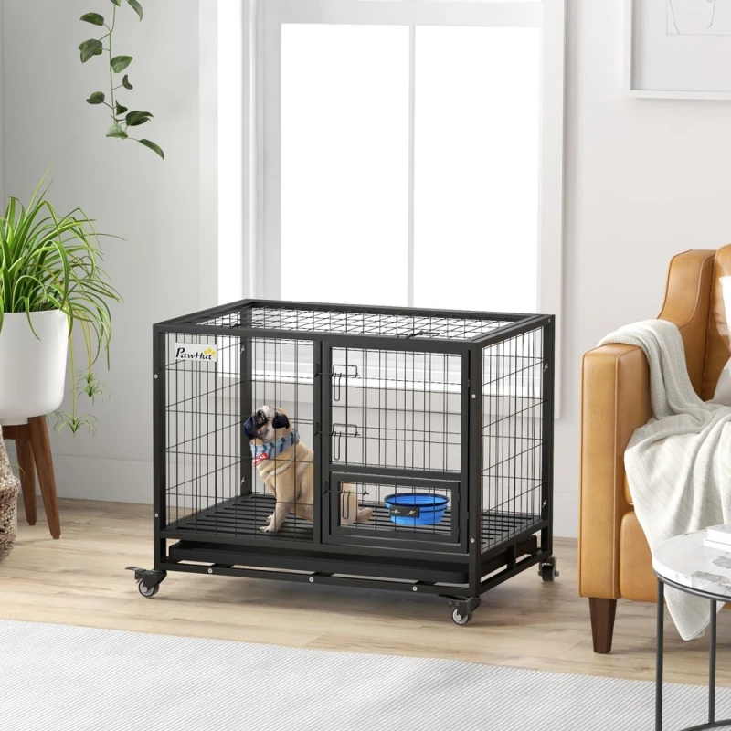 Image of PawHut Heavy Duty Dog Crate on Wheels w/ Bowl Holder, Removable Tray 73H x 92L x 62Wcm - Pawhut 5056725508401