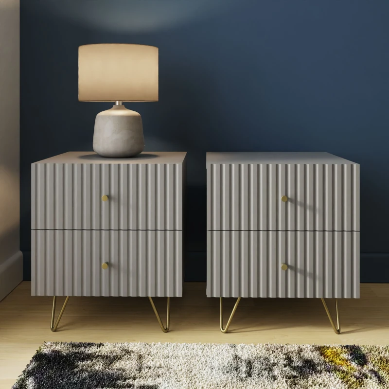 Image of GFW Thalia Grey Ribbed Pair of 2 Drawer Bedside Tables