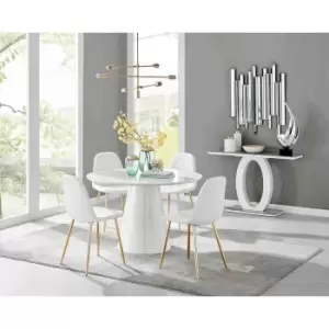 Image of Furniture Box Palma White High Gloss Round Dining Table and 4 White Corona Gold Leg Chairs