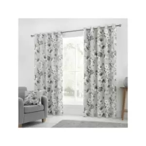Image of Charity Floral Print 100% Cotton Eyelet Lined Curtains, Grey, 90 x 90" - Fusion