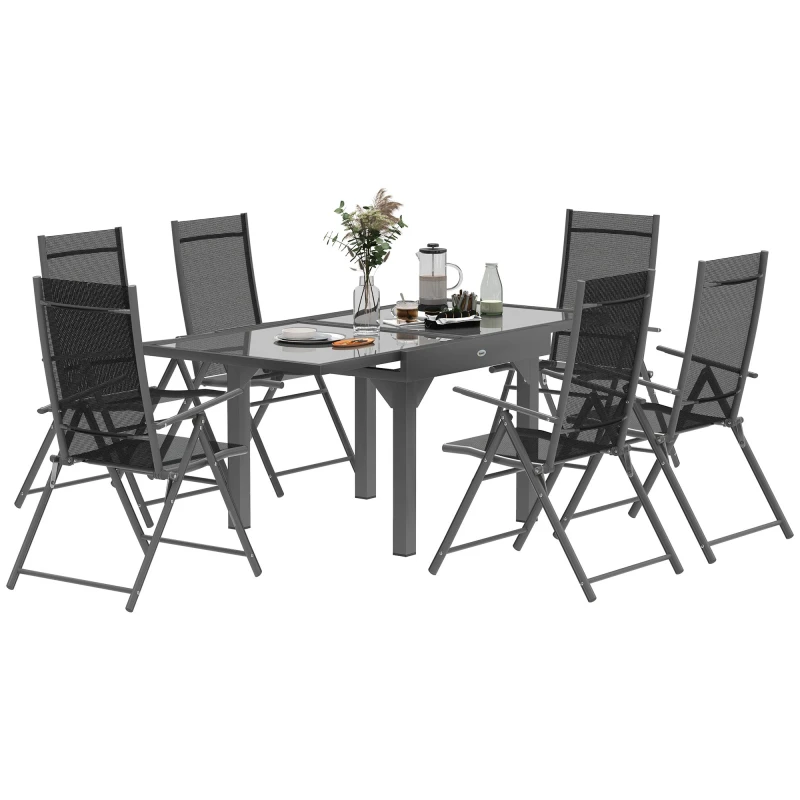 Image of Outsunny 7 Piece Outdoor Dining Set w/ Extendable Table and 6 Folding Chairs, Black 84G-634V00GY