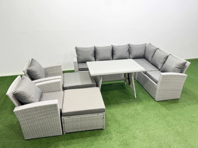 Image of Fimous 10 Seater Garden Outdoor Rattan Furniture Set Dining Table 2 Armchairs in Light Grey Light Grey Unisex