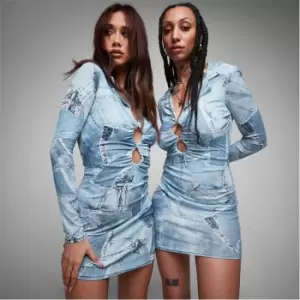 Image of Missguided Denim Patchwork Keyhole Cut Out Mini Dress - Blue