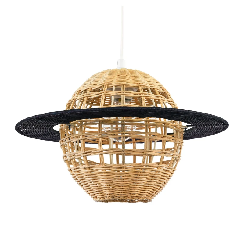 Image of Happy Homewares Saturn Planet Childrens Pendant Light Shade in Brown & Black Rattan Brown Unisex
