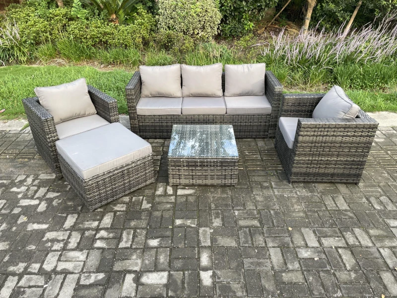 Image of Fimous Rattan Garden Furniture Set Patio Outdoor Lounge Sofa Set with 2 Armchairs Square Coffee Table Big Footstool Dark Grey Mixed Dark Grey