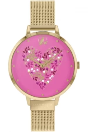 Image of Sara Miller Ditsy Ladies Pale Gold Stainless Steel Mesh Strap Heart Dial Watch SA4078