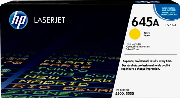 Image of HP 645A Yellow Original LaserJet Toner Cartridge. Colour toner page yield: 12000 pages Printing colours: Yellow Quantity per pack: C9732A