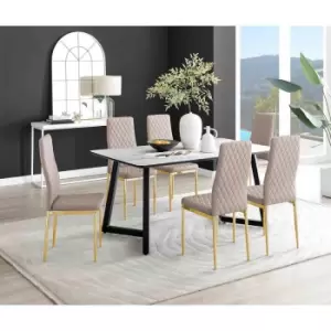 Image of Furniture Box Carson White Marble Effect Dining Table and 6 Cappuccino Milan Gold Leg Chairs