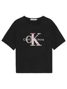 Image of Calvin Klein Jeans Girls Polaroid Monogram Embroidered Short Sleeve T-Shirt - Black, Size Age: 10 Years, Women