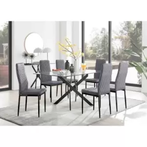 Image of Furniture Box Leonardo Black Leg Glass Dining Table and 6 Grey Velvet Milan Black Leg Chairs