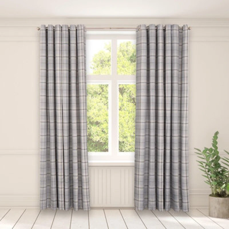 Image of OHS OHS Pair Of Woven Check Eyelet Curtains Textured in Grey Size: 228cm width x 228cm drop Grey 228cm width x 228cm drop Unisex 5027434179398