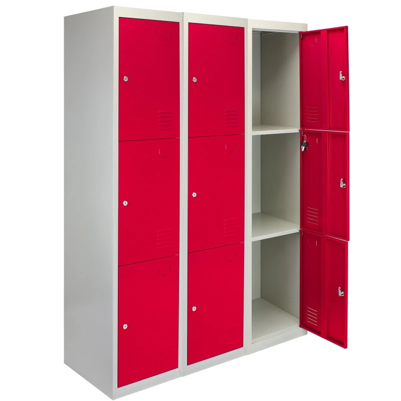 Image of MonsterShop 3 X Metal Storage Lockers - Three Doors, Red - Flatpack