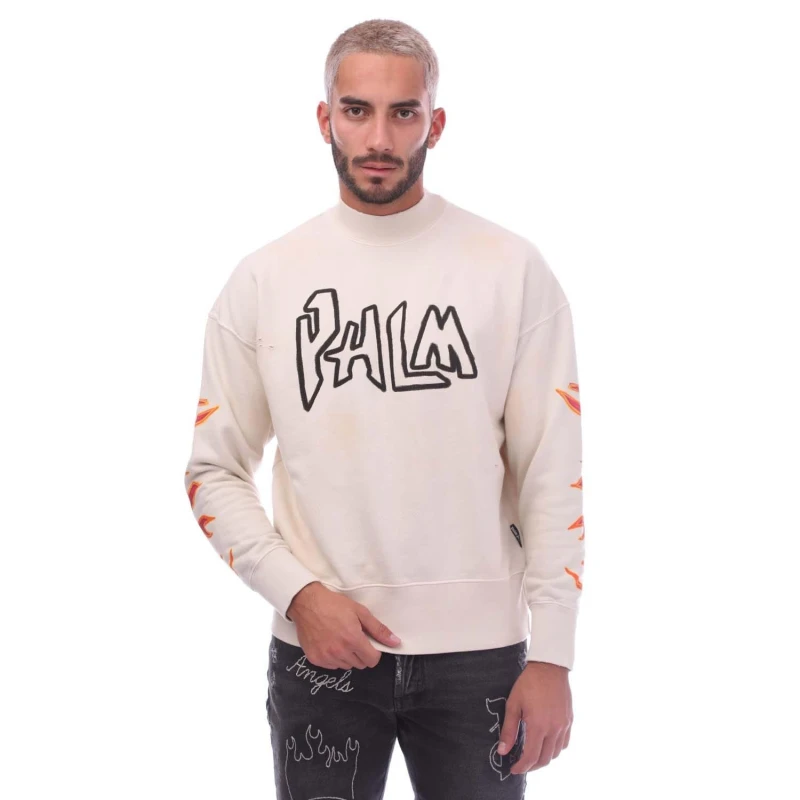 Image of Palm Angels Garment Dye Graffiti Flames Crewneck Sweatshirt - White White XXS