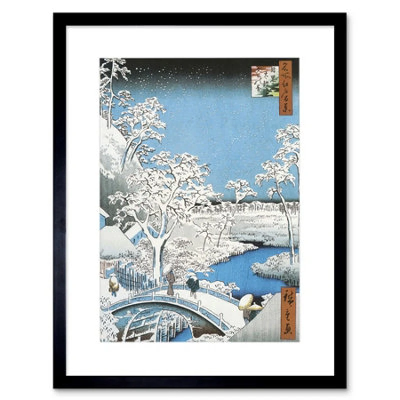 Image of Artery8 Painting Japanese Woodblock Winter Bridge Over River Framed Wall Art Print