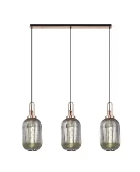Image of Linear 3 Light Pendant E27 With 20cm Tubular Ribbed Glass, Smoked Copper, Matt Black