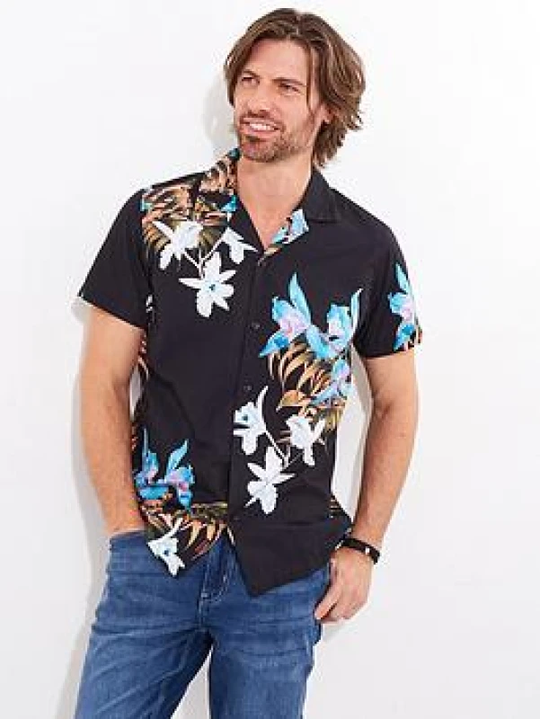 Image of Joe Browns Joe Browns Men Tropical Floral Print Revere Collar Shirt in Black Size: Small Black S Male 5059953252740