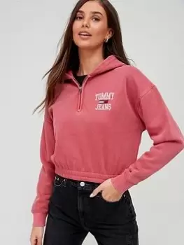 Image of Tommy Jeans Crop College Logo Half Zip Sweater - Red, Size S, Women