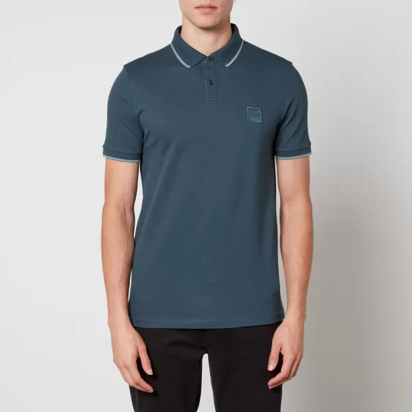 Image of BOSS Orange Passtertip Logo-Appliqued Cotton-Blend Pique Polo Shirt - XL Green Tops male 50472665-388 XL