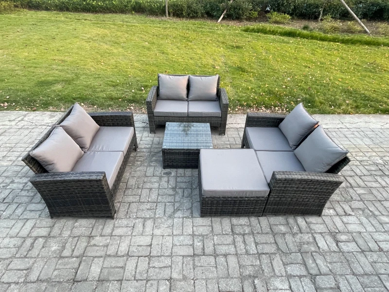 Image of Fimous 7 Seater Rattan Wicker Garden Furniture Patio Conservatory Sofa Set with Square Coffee Table Double Seat Sofa Big Footstool in Dark Grey Dark G