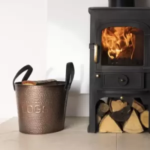 Image of Walnut Small Leather Handled Fireside Wood Bucket Iron Leather Antique Brass - Black