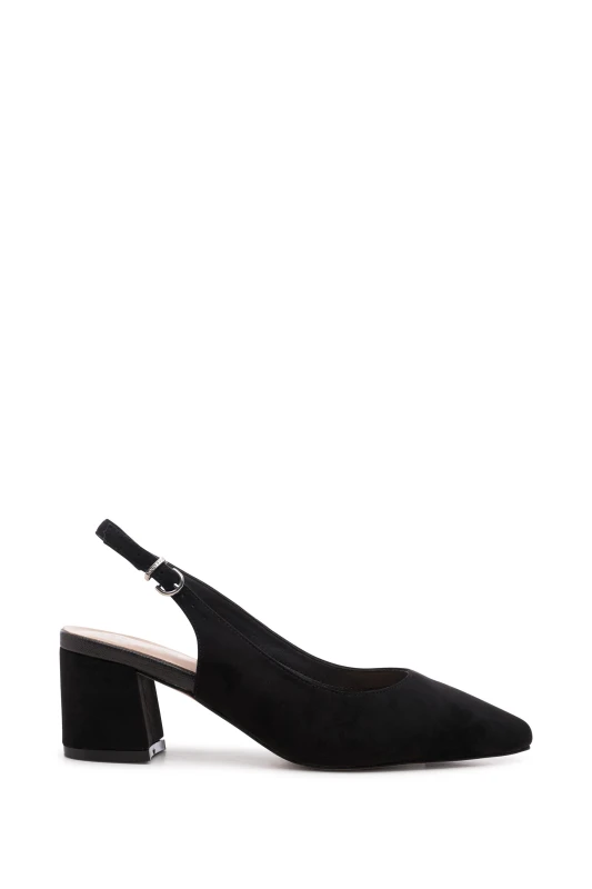 Image of Paradox London Womens Wide Fit 'Flynn' Mid Block Heel Sling Back Court Shoes in Black Size: 6E Black Female 6E