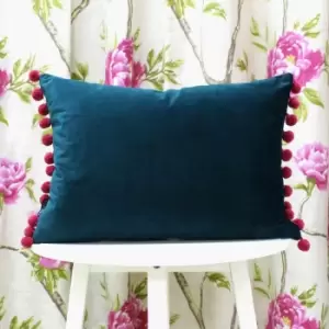 Image of Riva Paoletti Fiesta Velvet Pom Pom Fringe Cushion Cover, Teal/Berry, 35 x 50 Cm