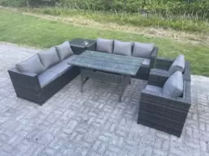 Image of Fimous 8 Seater Outdoor Dark Grey Rattan Lounge Complete Sofa Set with Side Table and Regular Dining Table