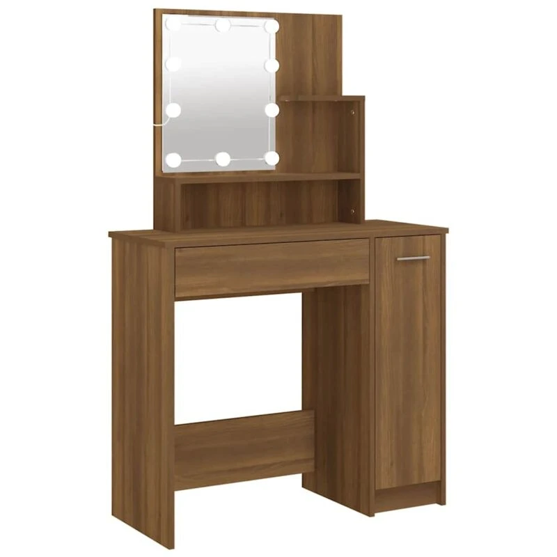 Image of vidaXL Dressing Table with LED Brown Oak 86.5x35x136 cm, Brown 820486
