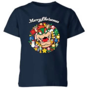 Image of Nintendo Super Mario Bowser Merry Christmas Wreath Kid's T-Shirt - Navy - 11-12 Years