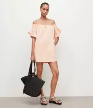 Image of AllSaints Womens Adela Off-Shoulder Mini Dress, Apricot Pink, Size: 6