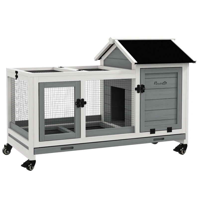 Image of PawHut Pawhut - Wooden Rabbit Hutch, Small Animal House w/ Wheels, Removable Tray Grey 5056725388799
