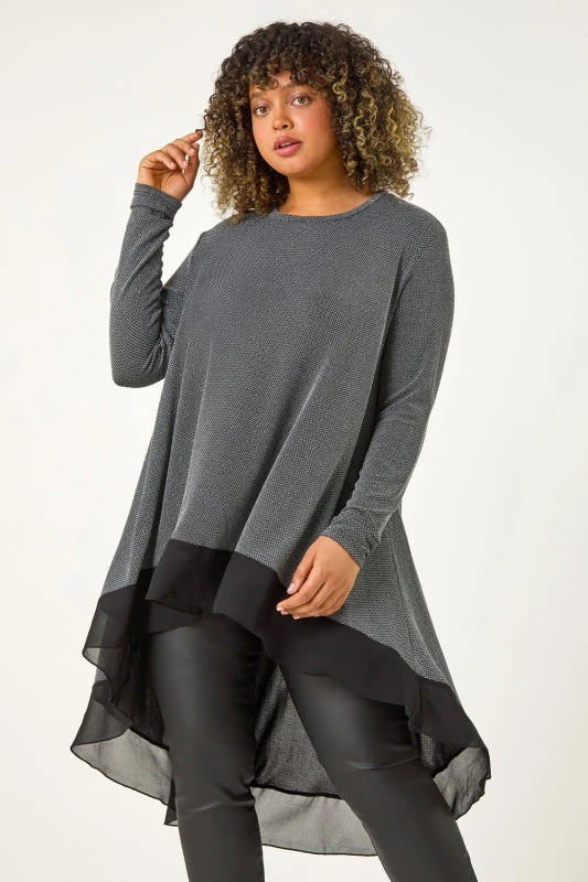 Image of Roman Womens Curve Glitter Chiffon Hem Tunic Top in Silver Size: 20 Silver Female 20