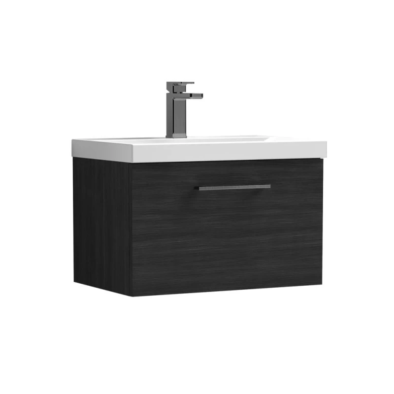 Image of Balterley 600mm Wall Hung 1 Drawer Vanity Unit, Woodgrain Black, Pewter Handle in Black Unisex
