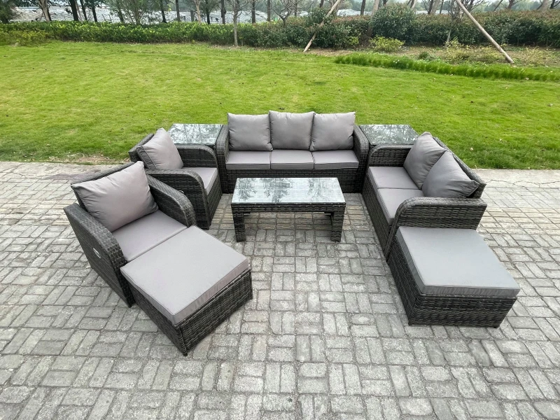 Image of Fimous Outdoor Rattan Garden Furniture Set Rattan Lounge Sofa Set with Rectangular Coffee Table 2 Side Tables 2 Big Footstool Dark Grey Mixed Dark Gre