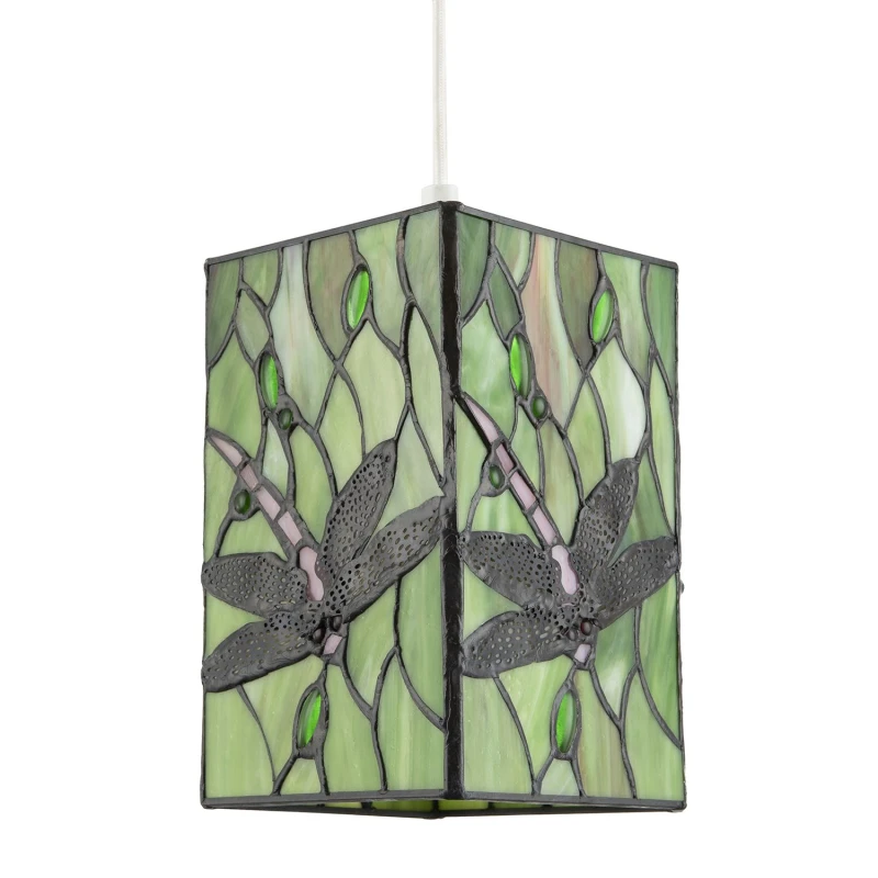 Image of Happy Homewares Stained Glass Dragonfly Rectangular Tiffany Pendant Light Shade in Green Green Unisex