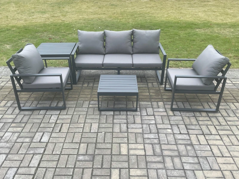 Image of Fimous Aluminium Outdoor Garden Furniture Set Lounge Sofa 2 PC Chairs Square Coffee Table Sets with Side Table Dark Grey Dark Grey Unisex