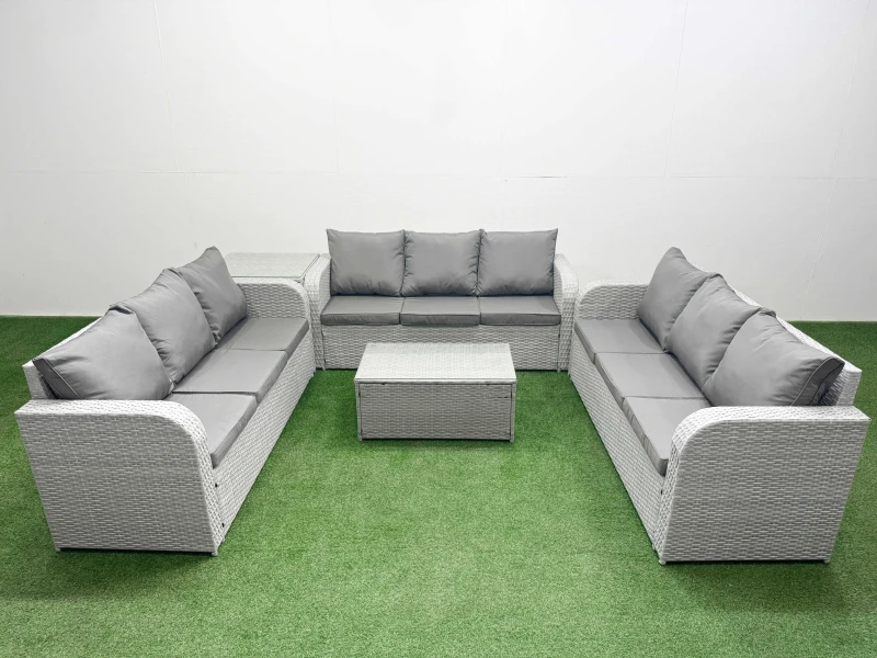 Image of Fimous PE Rattan Lounge Sofa Set 9 Seater Outdoor Garden Furniture Set with Rectangular Coffee Table 3 Seater Sofa Side Table Light Grey Light Grey