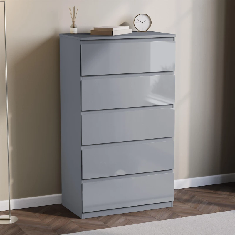 Image of Lassic Glinton High Gloss 5 Drawer Chest Grey unisex 5 Drawer
