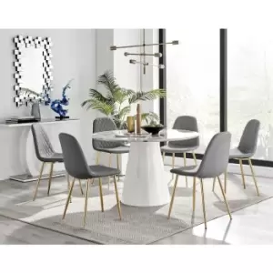 Image of Furniturebox Palma White Marble Effect 120cm Round Minimalist Dining Table & 6 Grey Corona Faux Leather Dining Chairs with Gold Legs Diamond Stitch