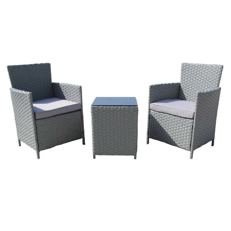 Image of FURNITURE ONE 3 PCS Rattan Garden Bistro Set Patio Table and Chairs Set with Cushions Grey