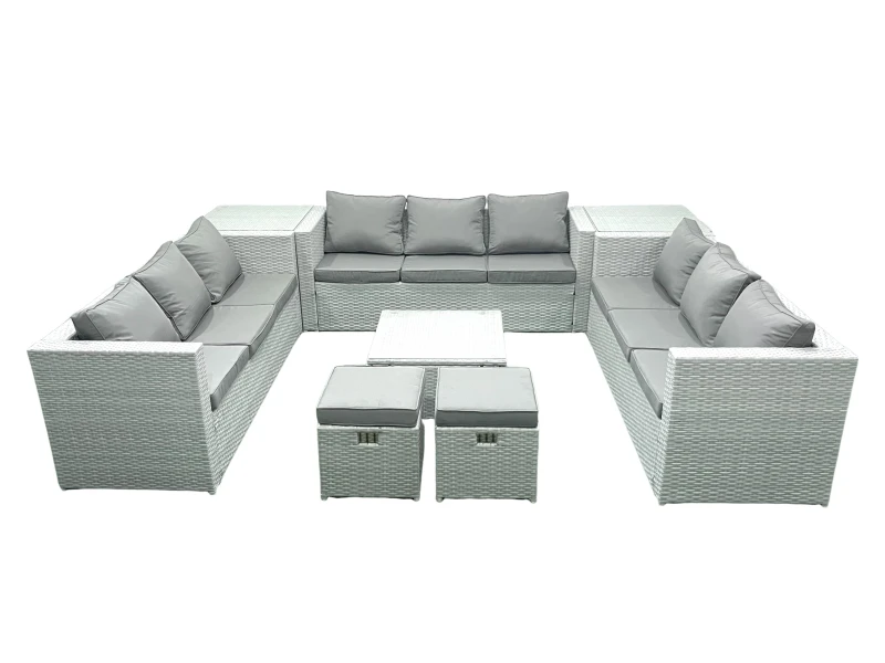 Image of Fimous Rattan Garden Outdoor Furniture Set 11 Seater Rattan Garden Sofa Set with 2 Small Footstool 2 Side Tables Light Grey Mixed Light Grey