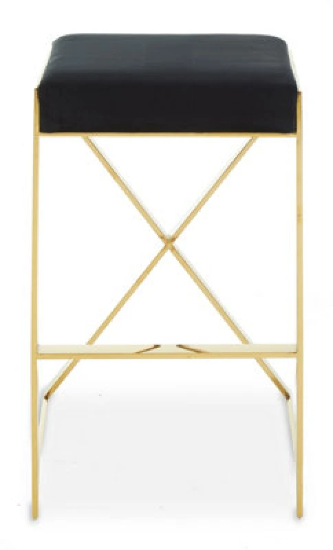 Image of Premier Housewares Interiors By Premier Black Velvet Bar Stool, Gold Finish Frame Bar Chair With Footrest, Modern Design Home Stool For Living Area