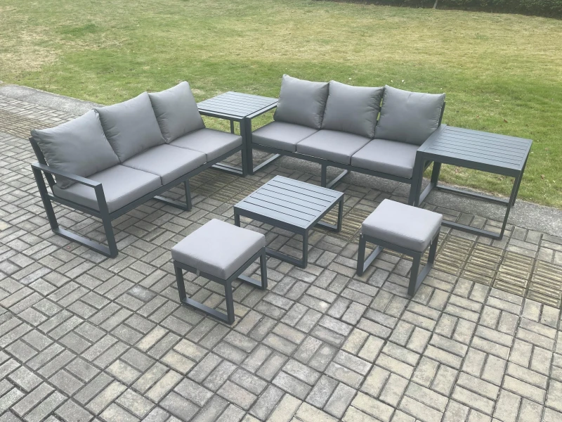 Image of Fimous Aluminium 7 Pieces Garden Furniture Sofa Set with Cushions 8 Seater Outdoor Patio Set with Square Coffee Table 2 Footstools in Dark Grey Dark G