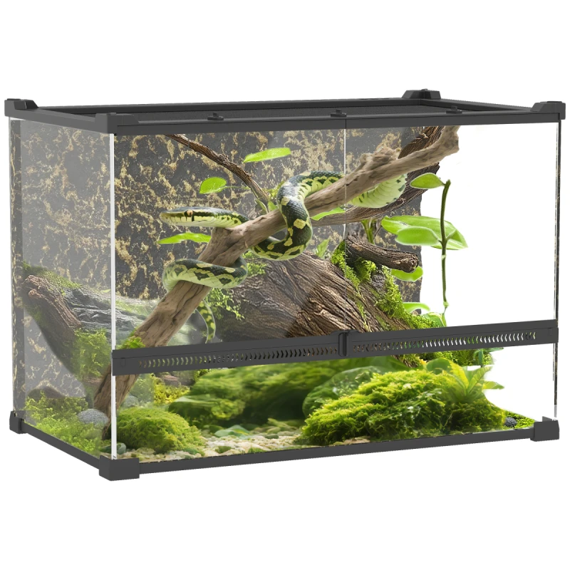 Image of PawHut 48L Glass Terrarium, Reptile Vivarium with Stone Background, Black D40-052V13BK